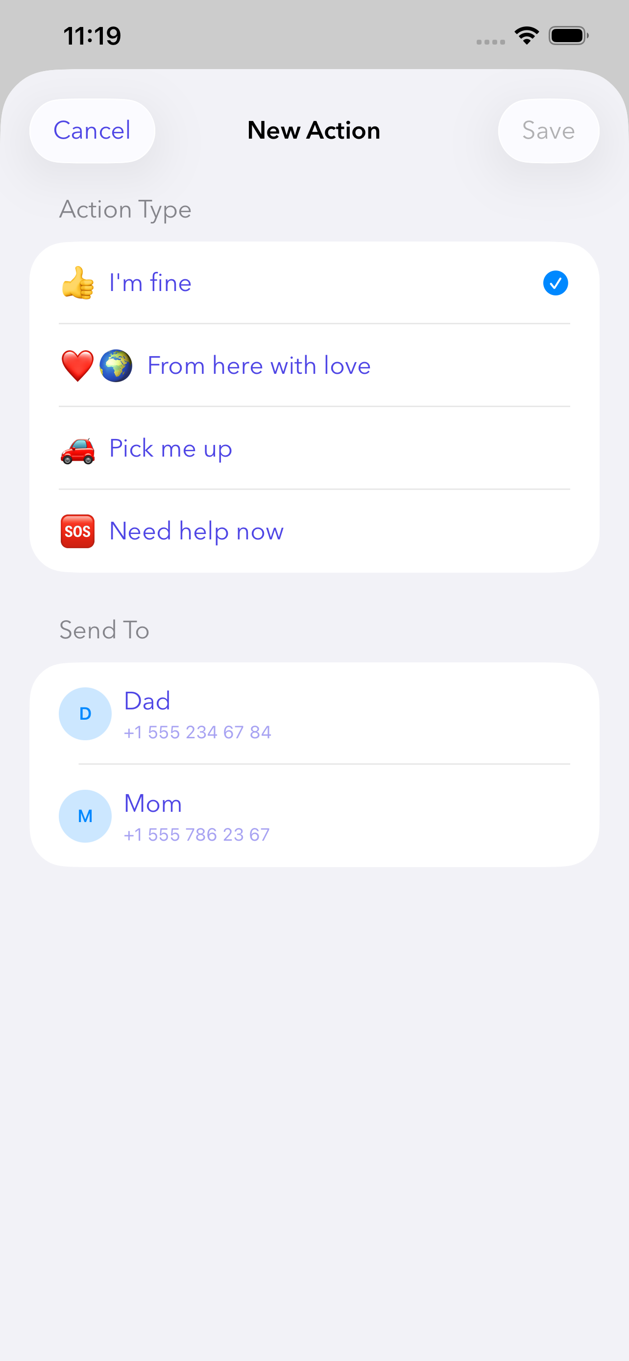 Im:Here home screen with quick actions